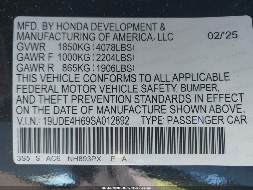 2025 Acura Integra A-Spec Technology VIN: 19UDE4H69SA012892 Lot: 44619090