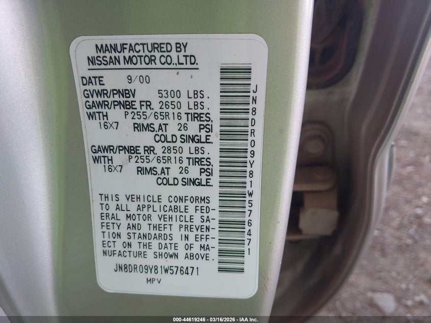 2001 Nissan Pathfinder Le VIN: JN8DR09Y81W576471 Lot: 44619246