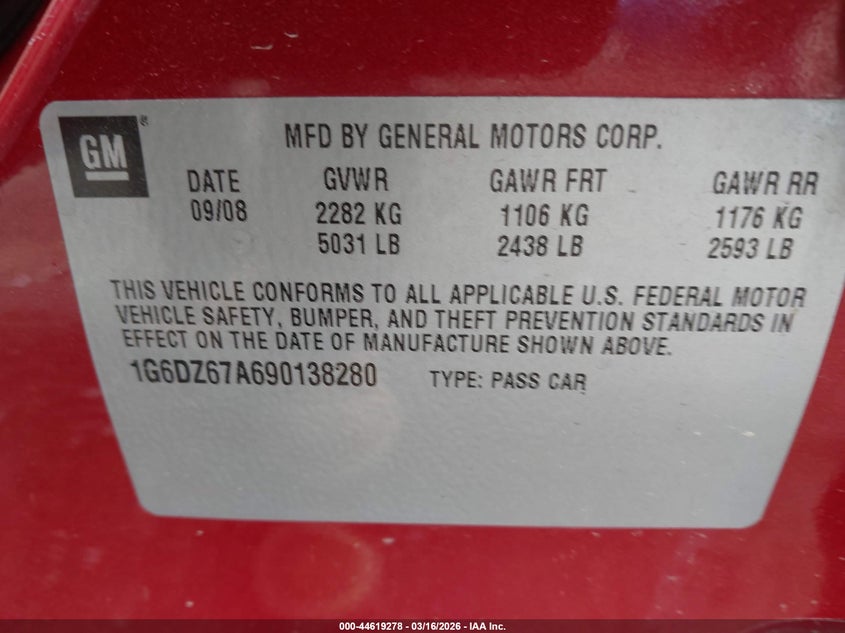 2009 Cadillac Sts V8 VIN: 1G6DZ67A690138280 Lot: 44619278