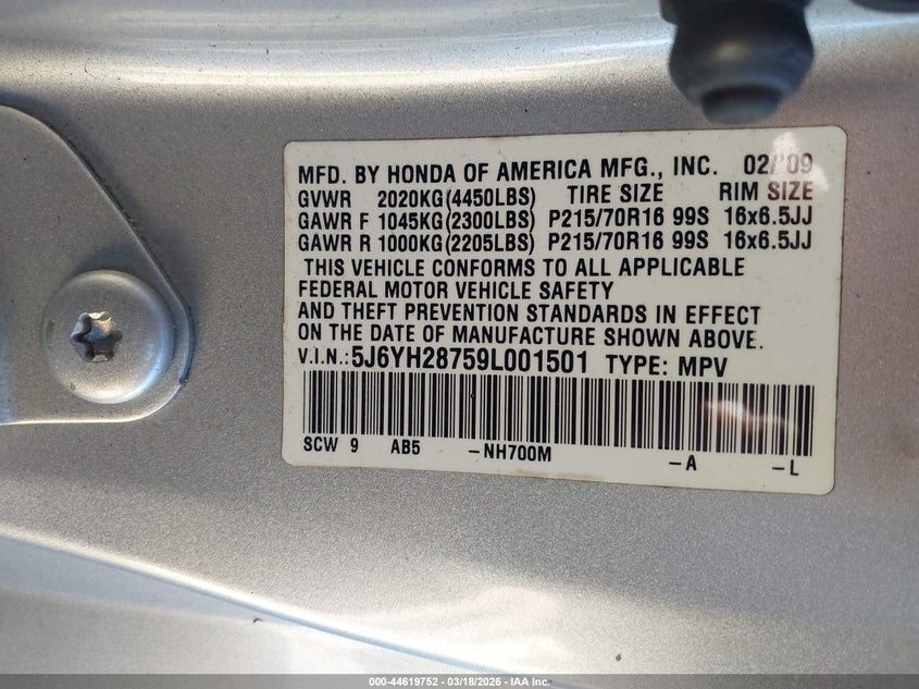 2009 Honda Element Ex VIN: 5J6YH28759L001501 Lot: 44619752