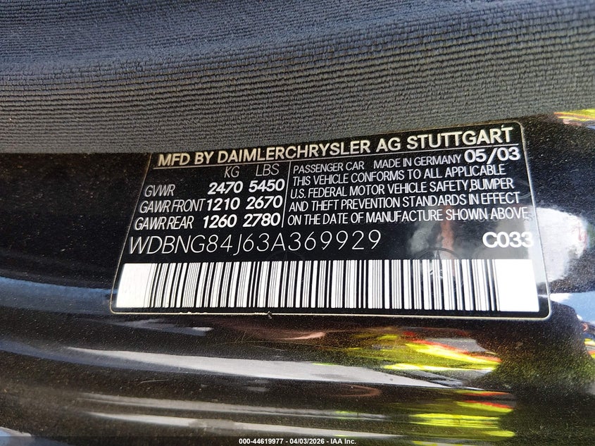 2003 Mercedes-Benz S 500 VIN: WDBNG84J63A369929 Lot: 44619977