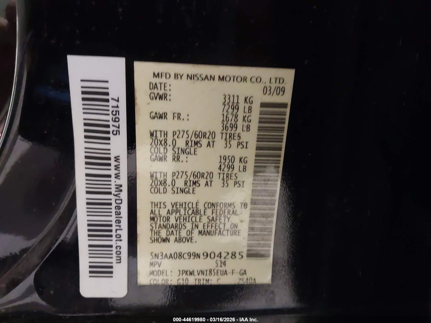 2009 Infiniti Qx56 VIN: 5N3AA08C99N904285 Lot: 44619980