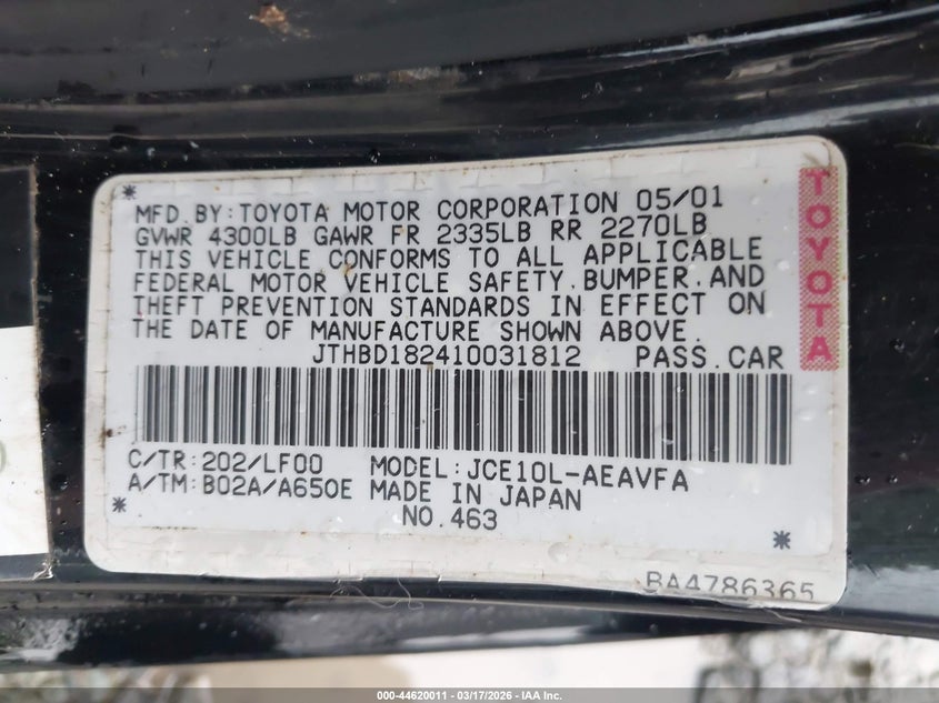 2001 Lexus Is 300 VIN: JTHBD182410031812 Lot: 44620011