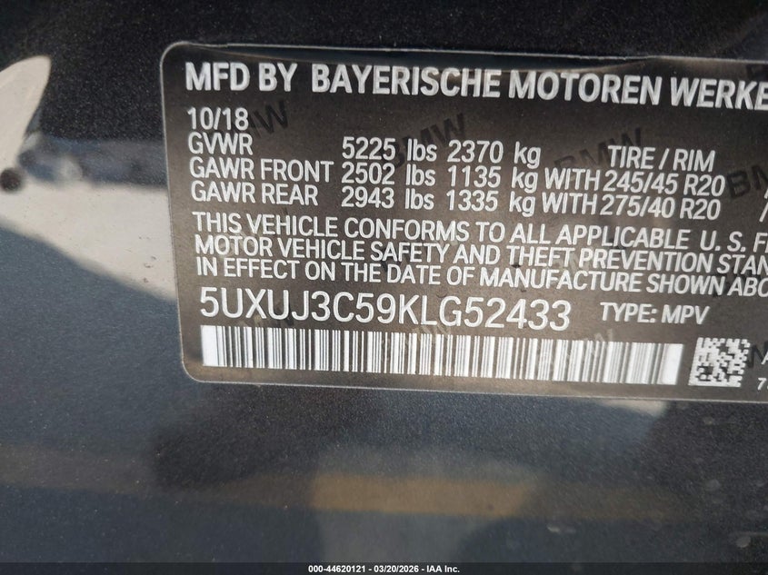 2019 BMW X4 xDrive30I VIN: 5UXUJ3C59KLG52433 Lot: 44620121