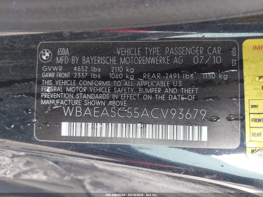 2010 BMW 650I VIN: WBAEA5C55ACV93679 Lot: 44620244