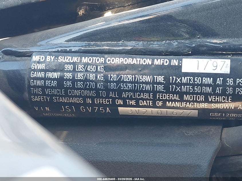1997 Suzuki Gsf1200 Sa VIN: JS1GV75A3V2101677 Lot: 44620485