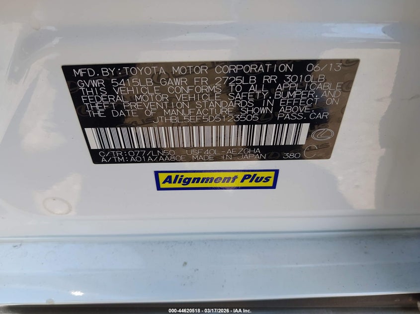 2013 Lexus Ls 460 VIN: JTHBL5EF5D5123505 Lot: 44620518