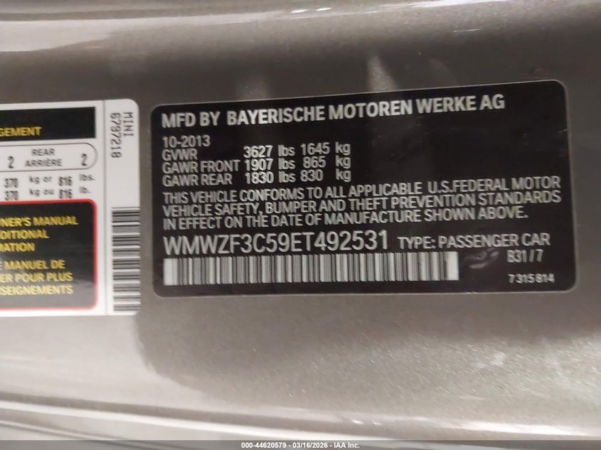 2014 Mini Clubman Cooper VIN: WMWZF3C59ET492531 Lot: 44620579