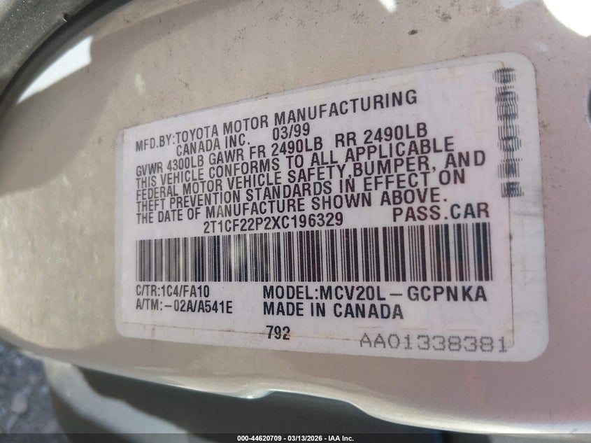 1999 Toyota Camry Solara Se V6 VIN: 2T1CF22P2XC196329 Lot: 44620709