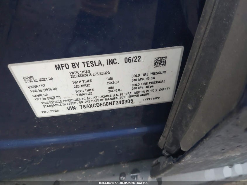 2022 Tesla Model X Dual Motor All-Wheel Drive/Plaid Tri Motor All-Wheel Drive VIN: 7SAXCDE50NF346305 Lot: 44621077