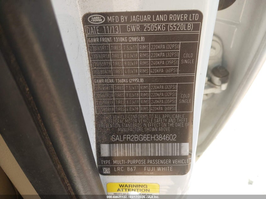 2014 Land Rover Lr2 VIN: SALFR2BG6EH384602 Lot: 44621132