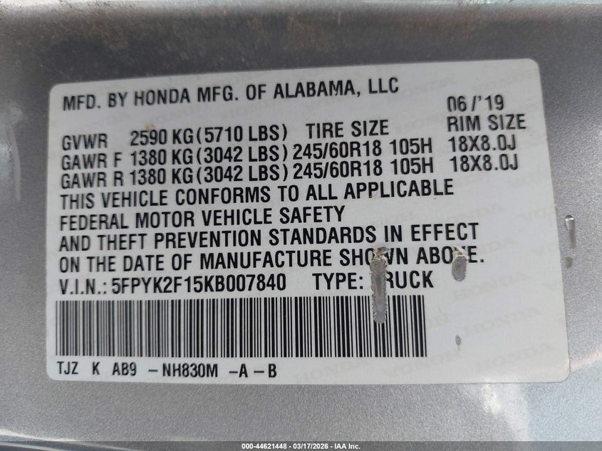2019 Honda Ridgeline Sport VIN: 5FPYK2F15KB007840 Lot: 44621448