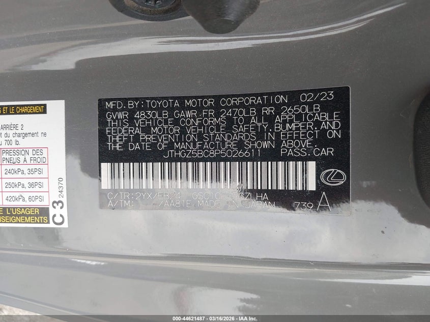 2023 Lexus Rc 350 F Sport VIN: JTHGZ5BC8P5026611 Lot: 44621487