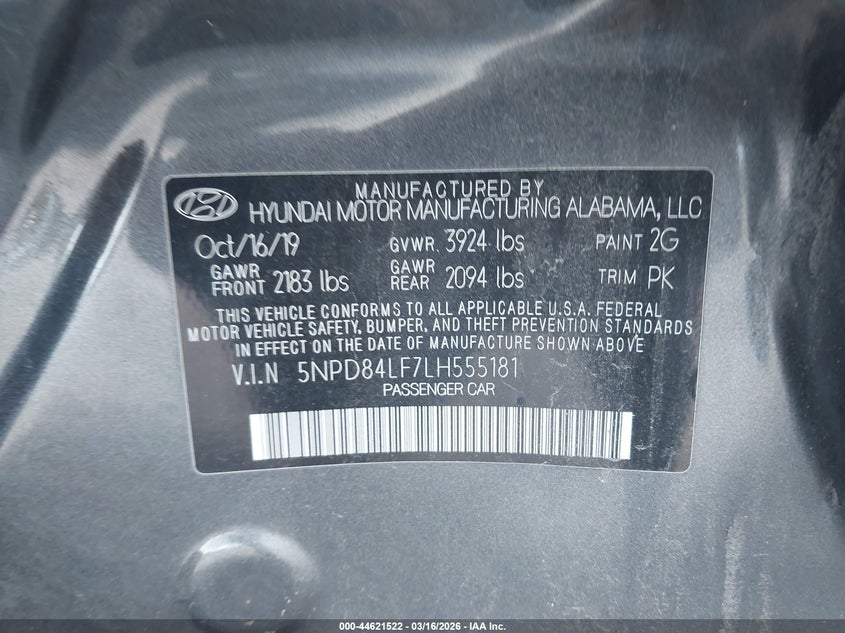 VIN 5NPD84LF7LH555181 2020 HYUNDAI ELANTRA SEL