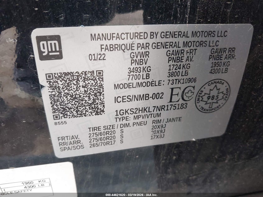 2022 GMC Yukon Xl At4 VIN: 1GKS2HKL7NR175183 Lot: 44621620