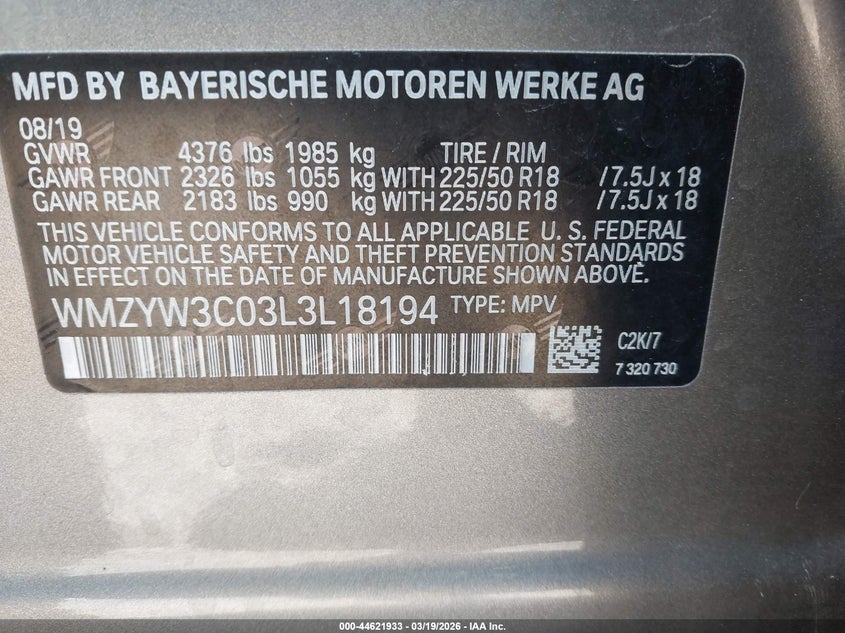 2020 Mini Countryman Cooper VIN: WMZYW3C03L3L18194 Lot: 44621933