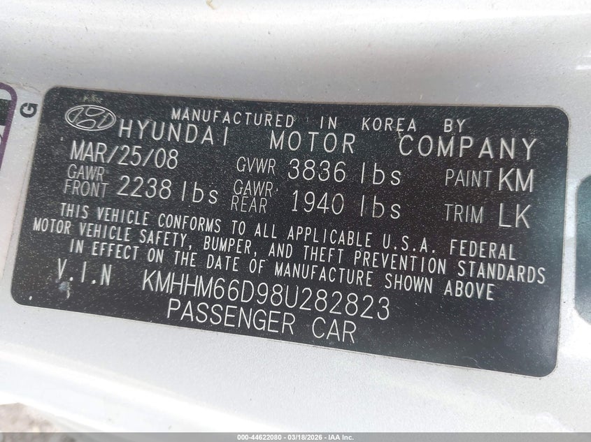 2008 Hyundai Tiburon Gs VIN: KMHHM66D98U282823 Lot: 44622080
