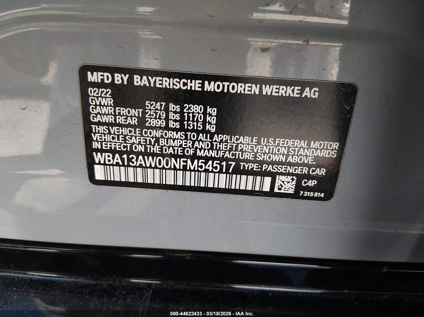 2022 BMW M440I Gran Coupe xDrive VIN: WBA13AW00NFM54517 Lot: 44622433