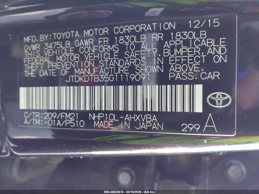 2016 Toyota Prius C Persona Series VIN: JTDKDTB35G1119091 Lot: 44622610