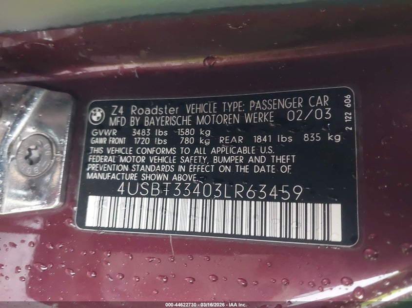 2003 BMW Z4 2.5I VIN: 4USBT33403LR63459 Lot: 44622730