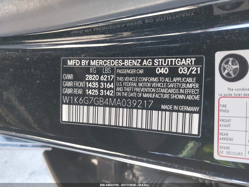 2021 Mercedes-Benz S 580 4Matic VIN: W1K6G7GB4MA039217 Lot: 44622750