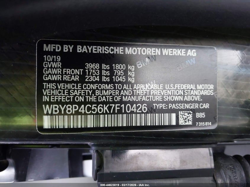 2019 BMW I3 120Ah W/Range Extender VIN: WBY8P4C56K7F10426 Lot: 44623019