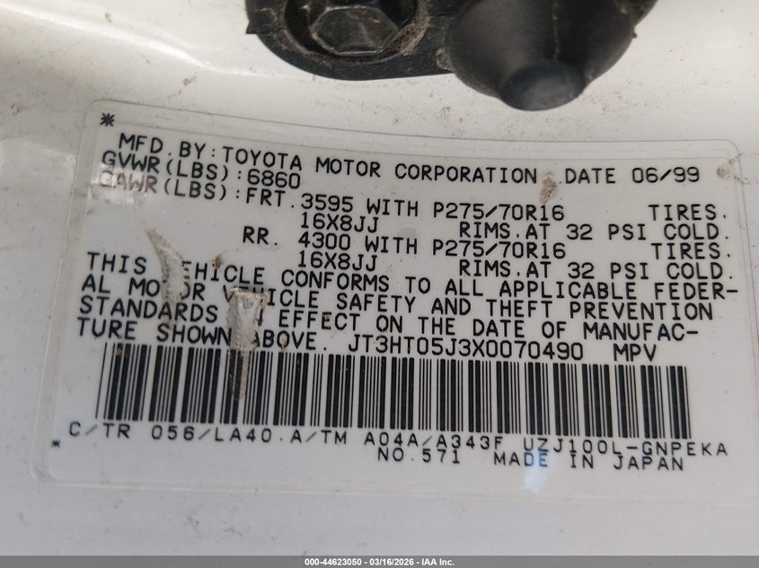 1999 Toyota Land Cruiser VIN: JT3HT05J3X0070490 Lot: 44623050