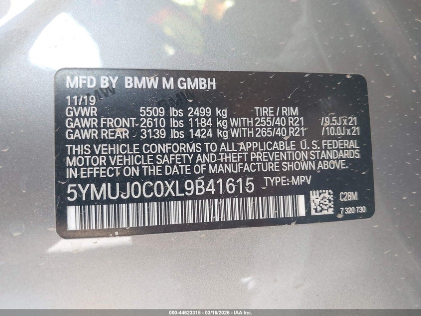2020 BMW X4 M VIN: 5YMUJ0C0XL9B41615 Lot: 44623315