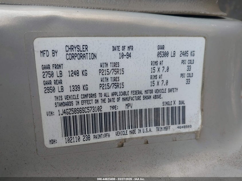 1995 Jeep Grand Cherokee Laredo VIN: 1J4GZ58S6SC573102 Lot: 44623498