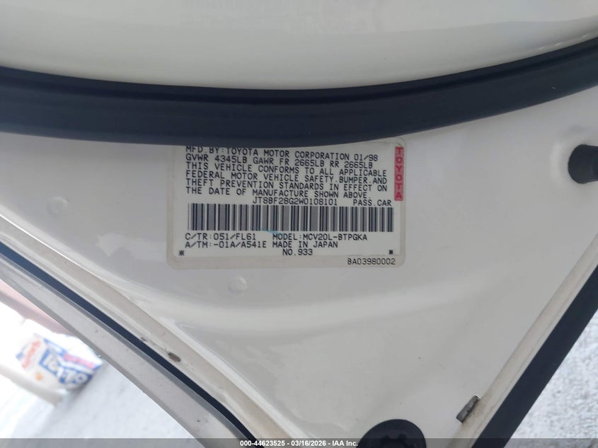 1998 Lexus Es 300 VIN: JT8BF28G2W0108101 Lot: 44623525