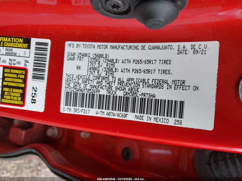 VIN 3TYCZ5AN6MT052699 2021 TOYOTA TACOMA SR V6/SR5 V6/TRD OFF-ROAD/TRD PRO/TRD SPORT