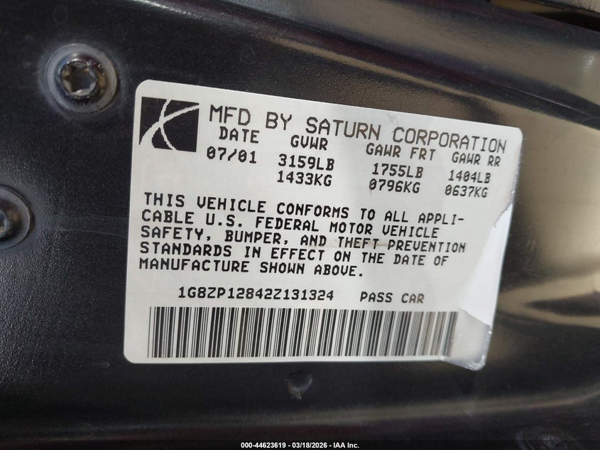 2002 Saturn S-Series Sc1 VIN: 1G8ZP12842Z131324 Lot: 44623619