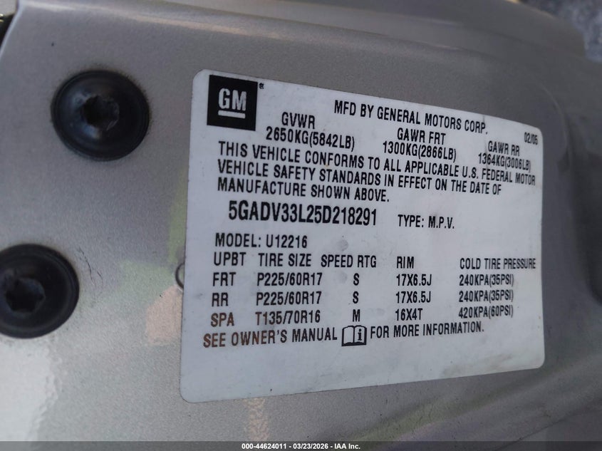 2005 Buick Terraza Cxl VIN: 5GADV33L25D218291 Lot: 44624011