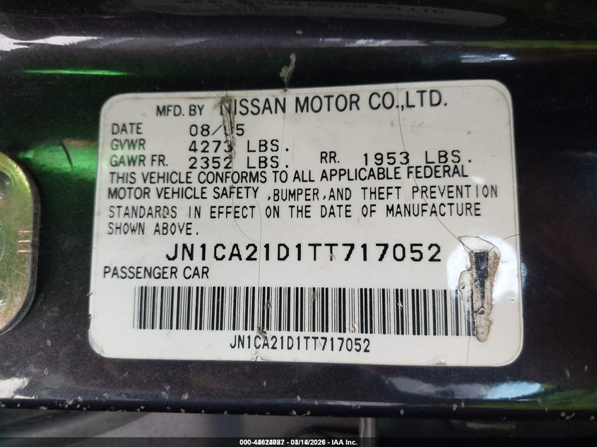1996 Nissan Maxima Gle/Gxe/Se VIN: JN1CA21D1TT717052 Lot: 44624087