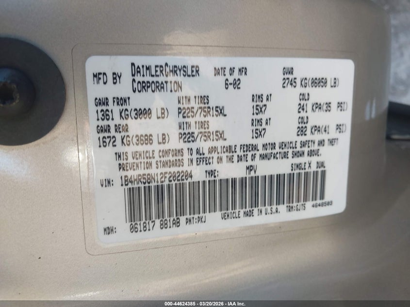 2002 Dodge Durango Slt Plus VIN: 1B4HR58N12F202204 Lot: 44624385