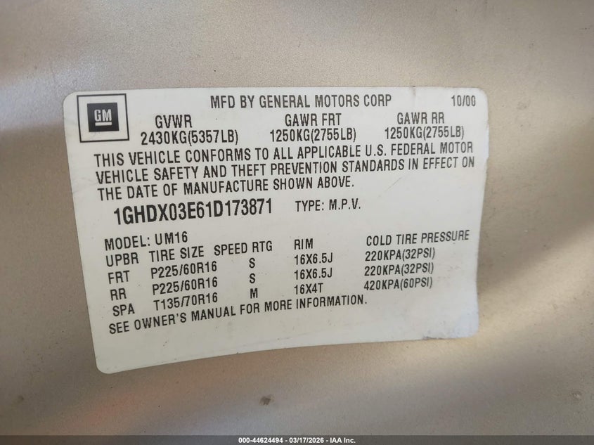 2001 Oldsmobile Silhouette Gls W/Abc Seats VIN: 1GHDX03E61D173871 Lot: 44624494