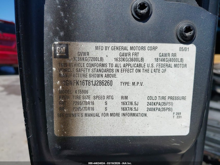 2001 Chevrolet Suburban 1500 Lt VIN: 1GNFK16T81J286260 Lot: 44624524