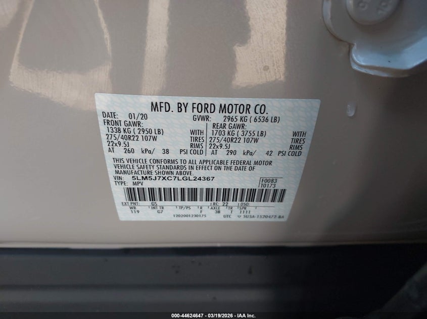 2020 Lincoln Aviator Reserve VIN: 5LM5J7XC7LGL24367 Lot: 44624647