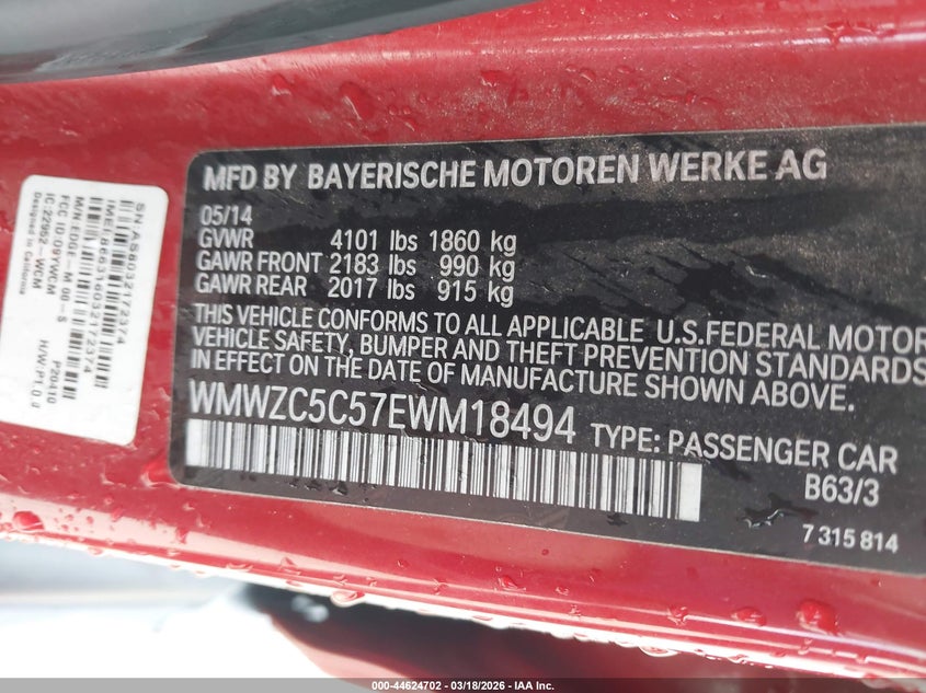 2014 Mini Countryman Cooper S VIN: WMWZC5C57EWM18494 Lot: 44624702