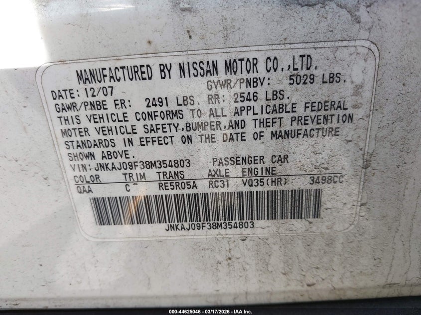 2008 Infiniti Ex35 Journey VIN: JNKAJ09F38M354803 Lot: 44625046
