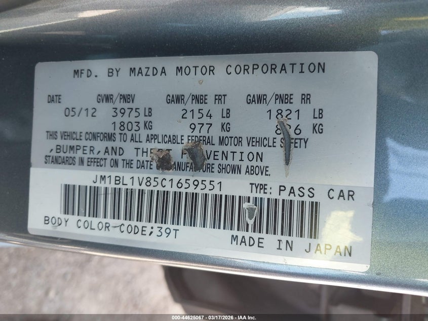 2012 Mazda 3 2.0 I Touring blue Lot 111044625067 Vin JM1BL1V85C1659551