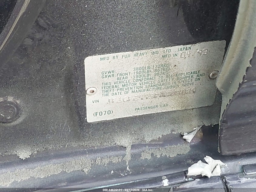 1993 Subaru Impreza L Plus VIN: JF1GF2445PH808089 Lot: 44625171