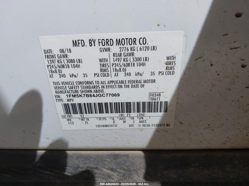 VIN 1FM5K7B84JGC77069 2018 FORD EXPLORER