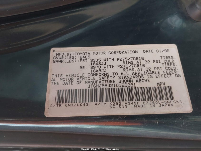 1996 Lexus Lx 450 VIN: JT6HJ88J2T0129381 Lot: 44625596