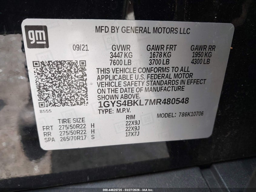 2021 Cadillac Escalade 4Wd Premium Luxury VIN: 1GYS4BKL7MR480548 Lot: 44625725