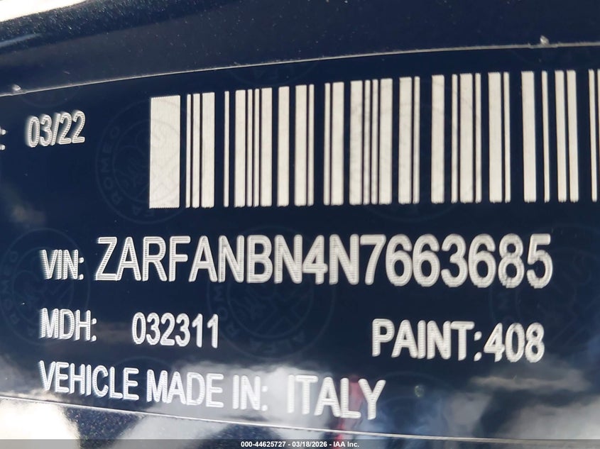 2022 Alfa Romeo Giulia Veloce Awd VIN: ZARFANBN4N7663685 Lot: 44625727