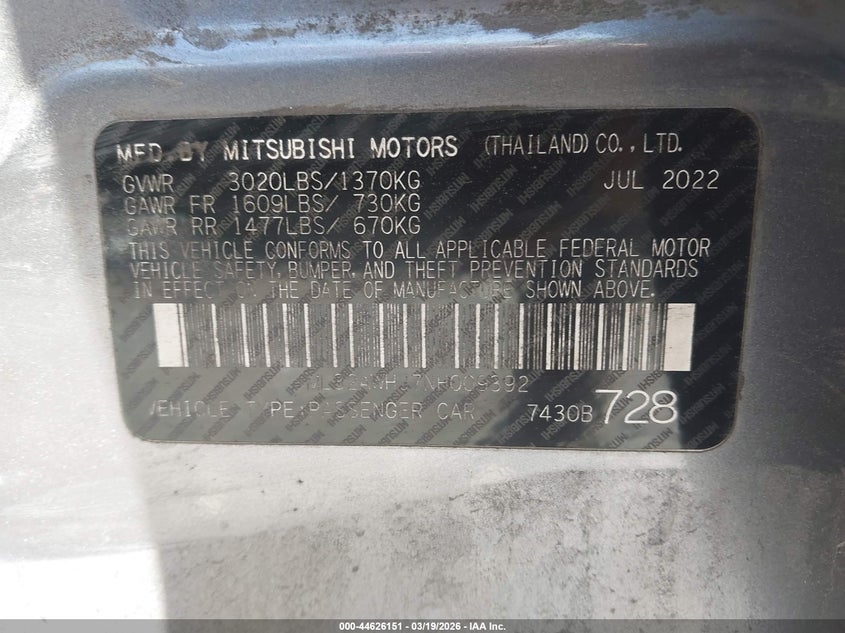 2022 Mitsubishi Mirage Black Edition/Se VIN: ML32AWHJ7NH009392 Lot: 44626151