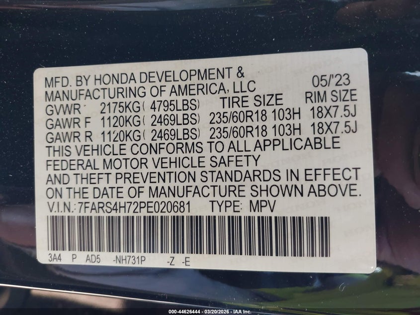VIN 7FARS4H72PE020681 2023 HONDA CR-V EX-L AWD