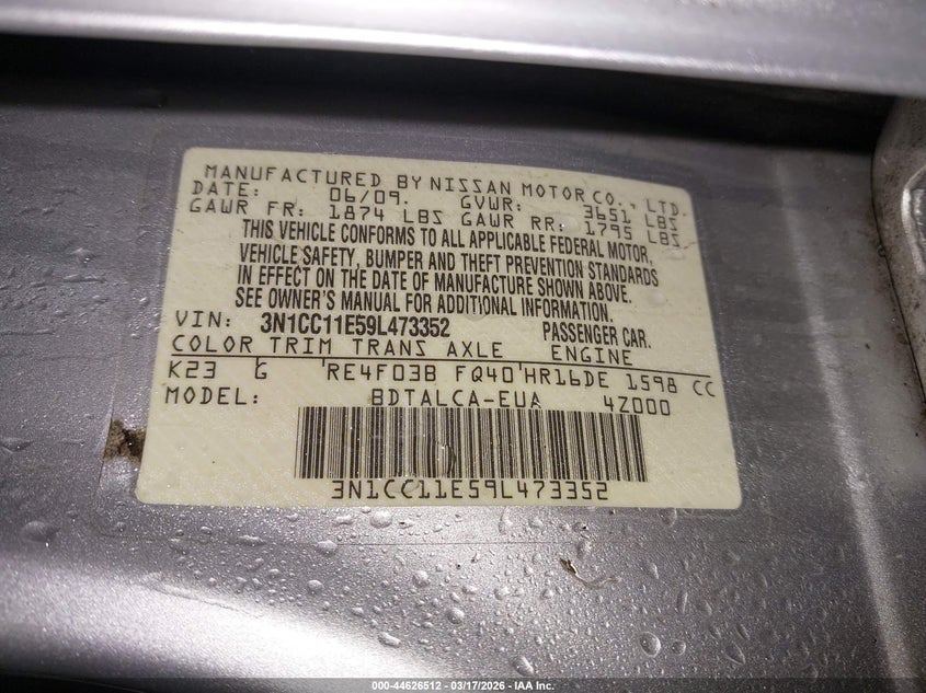 NISSAN VERSA 2009 VIN 3N1CC11E59L473352