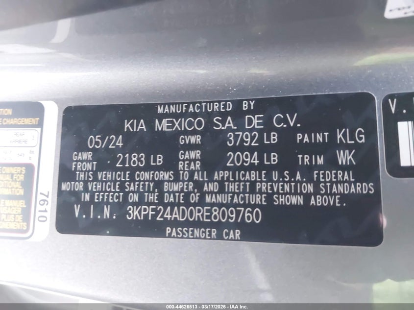 VIN 3KPF24AD0RE809760 2024 KIA FORTE LXS